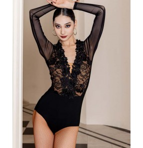 Black lace flesh patchwork latin ballroom dance bodysuits for women girls waltz tango flamenco dancing leotard tops catsuits for ladies